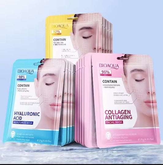 BIOAQUA Hydrating & Anti-Aging Facial Sheet Mask Set (Hyaluronic Acid + Collagen)